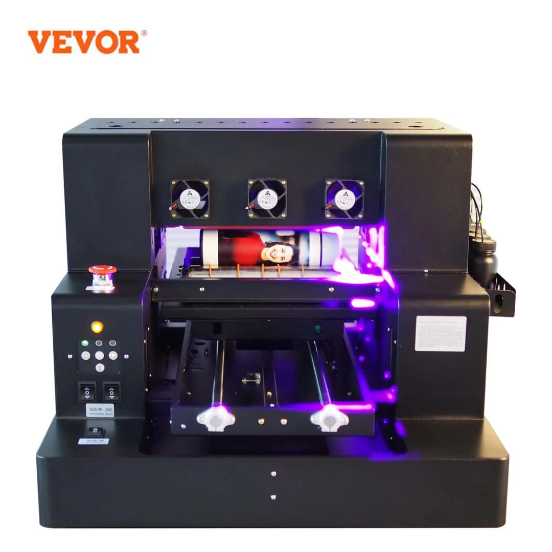 طابعة أوتوماتيكية من VEVOR طراز A3 UV مع طبقة ورنيش مسطحة وطابعة أسطح زجاجات مع شحن من مستودع الاتحاد الأوروبي إلى المنزل