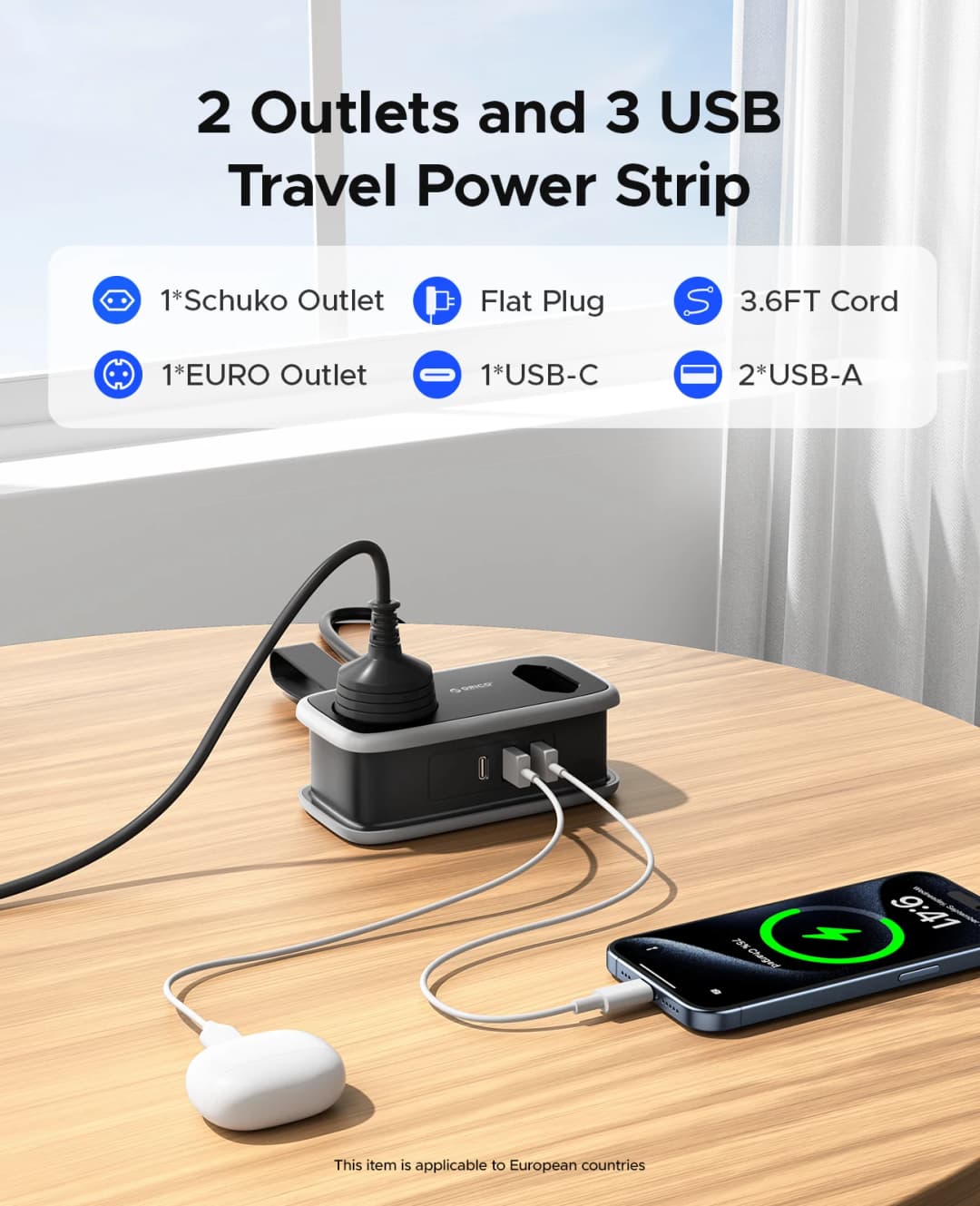 شريط طاقة ORICO للسفر مع قابس EU ذكي، مقبس متعدد، سلك تمديد 3.6 قدم، محطة شحن 5 منافذ USB A و Type C، حامل محول - 2