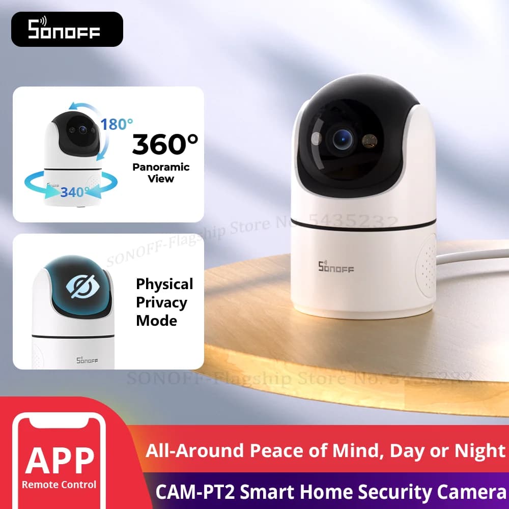 SONOFF CAM PT2 كاميرا أمان منزلية ذكية رؤية ليلية ذكية عرض بانورامي 360 درجة مراقبة عن بعد بدقة HD مع تفاعل في الوقت الفعلي