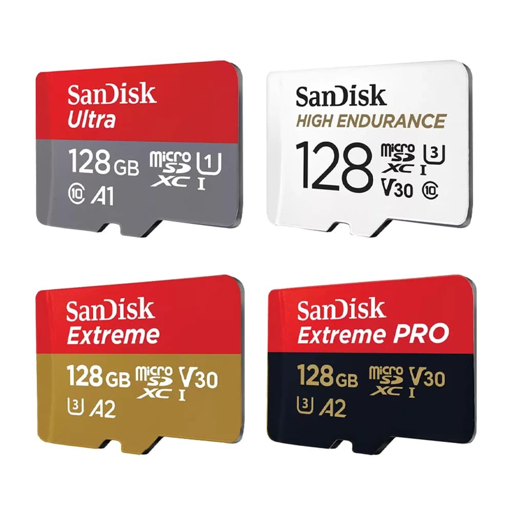 بطاقة ذاكرة SanDisk Ultra microSD بسعات 32GB و 64GB و 128GB و 256GB، Extreme/High Endurance/Extreme PRO، دقة Full HD و 4K، مناسبة لكاميرات الأكشن والطائرات بدون طيار
