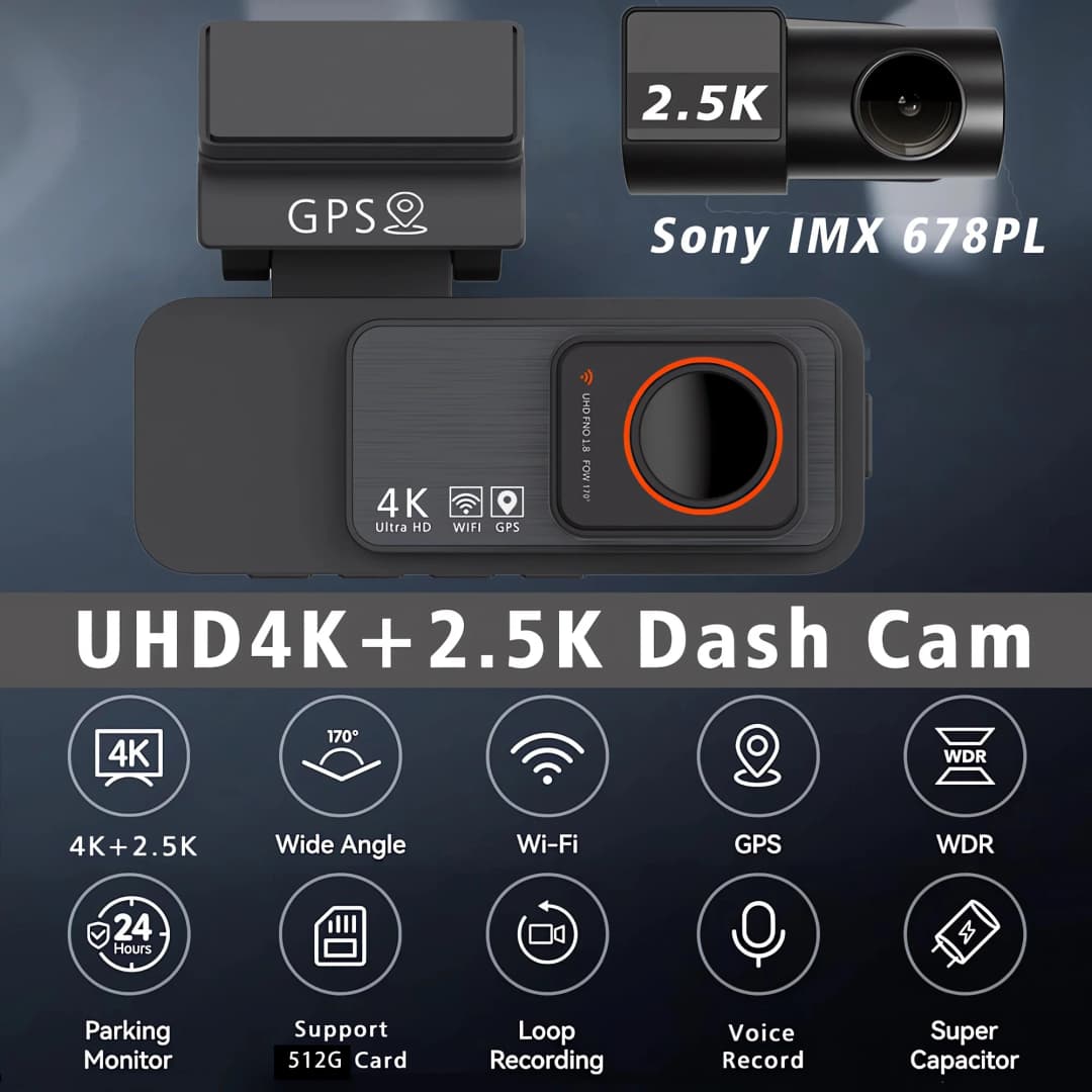 كاميرا سيارة مزدوجة العدسة بدقة 4K UHD، مسجل فيديو DVR، رؤية ليلية، مسجل فيديو، GPS، واي فاي، صندوق أسود، كاميرا رؤية خلفية بدقة 2.5K - 2