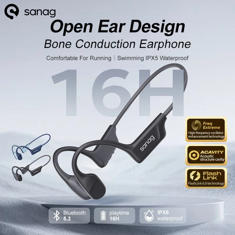 سماعات Sanag B22s توصيل عظمي 16 ساعة تشغيل مقاومة للماء IPX5 بلوتوث 5.3 سماعات صوت محيطي ديناميكي