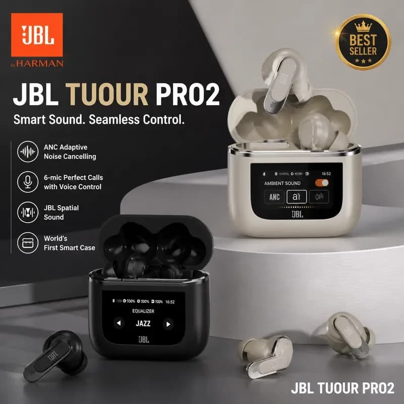 سماعات أذن بلوتوث لاسلكية JBL Tour Pro 2 مع علبة ذكية مزودة بإضاءة LED، إلغاء ضوضاء نشط، سماعات ستيريو لاسلكية حقيقية