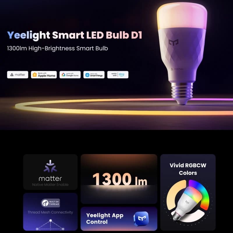 لمبة ذكية يي لايت LED D1، لون RGB، قاعدة E27، اتصال بلوتوث، قابلة للتعتيم، 2700-6500 كلفن، 1300 لومن، تحكم صوتي ذكي، متوافقة مع تطبيق أبل هوم - 2