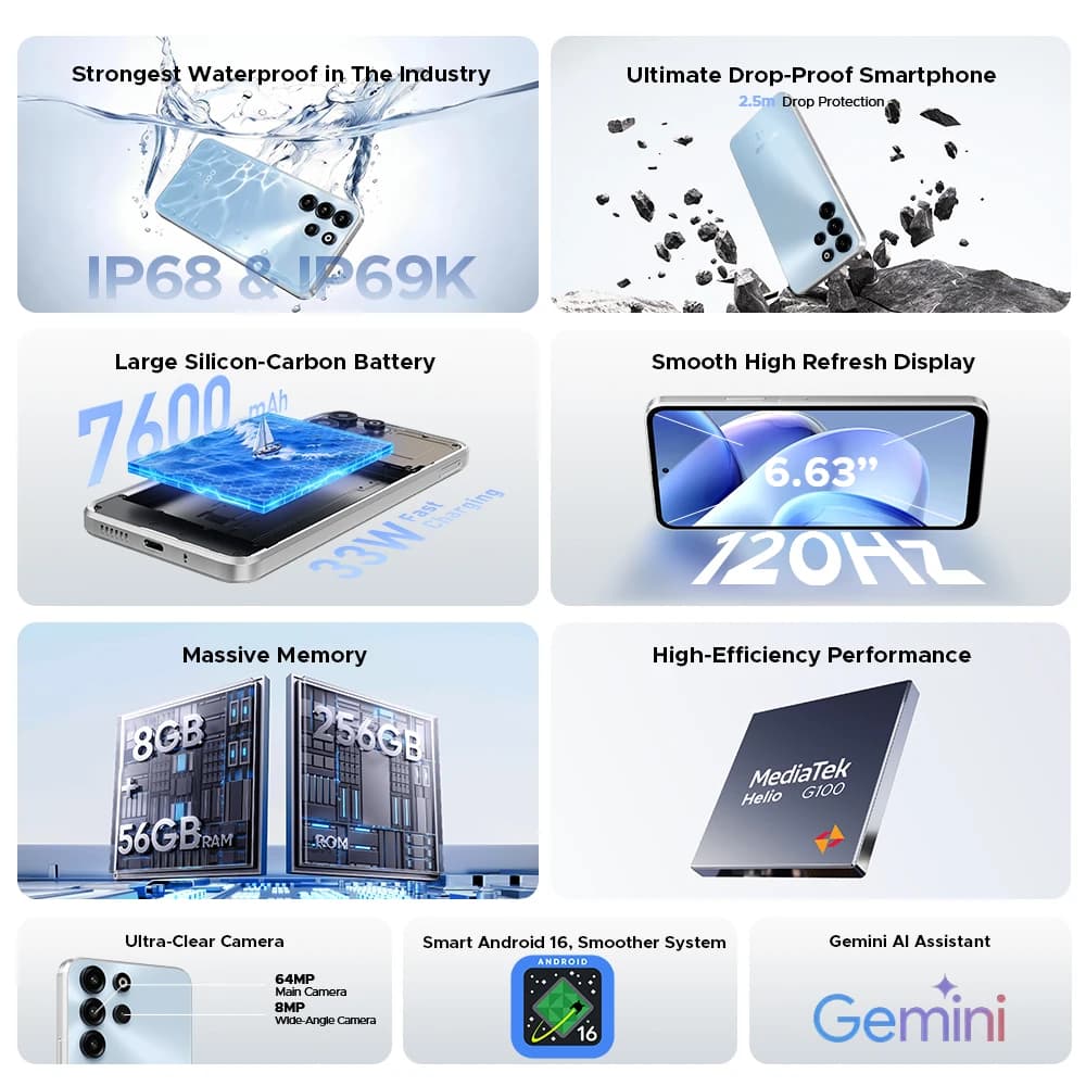 العرض العالمي الأول لهاتف DOOGEE B10 Pro الذكي، 64 جيجابايت+256 جيجابايت، شاشة 6.63 بوصة FHD بمعدل تحديث 120 هرتز، مقاوم للماء والغبار IP68 / IP69K، معالج Helio G100، بطارية 7600 مللي أمبير في الساعة، أندرويد 16 - 2