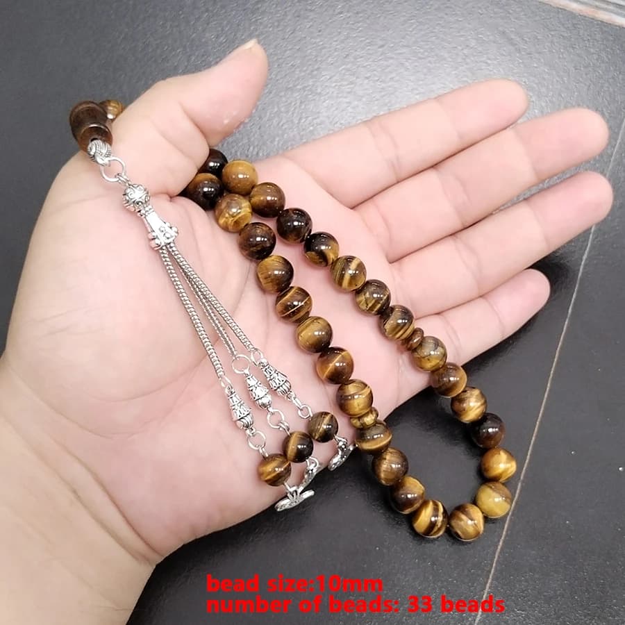 تسبيح من حجر العين النمر الطبيعي 33 حبة صلاة إكسسوارات إسلامية سوار من الأحجار الكريمة العربية مسبحة - 3
