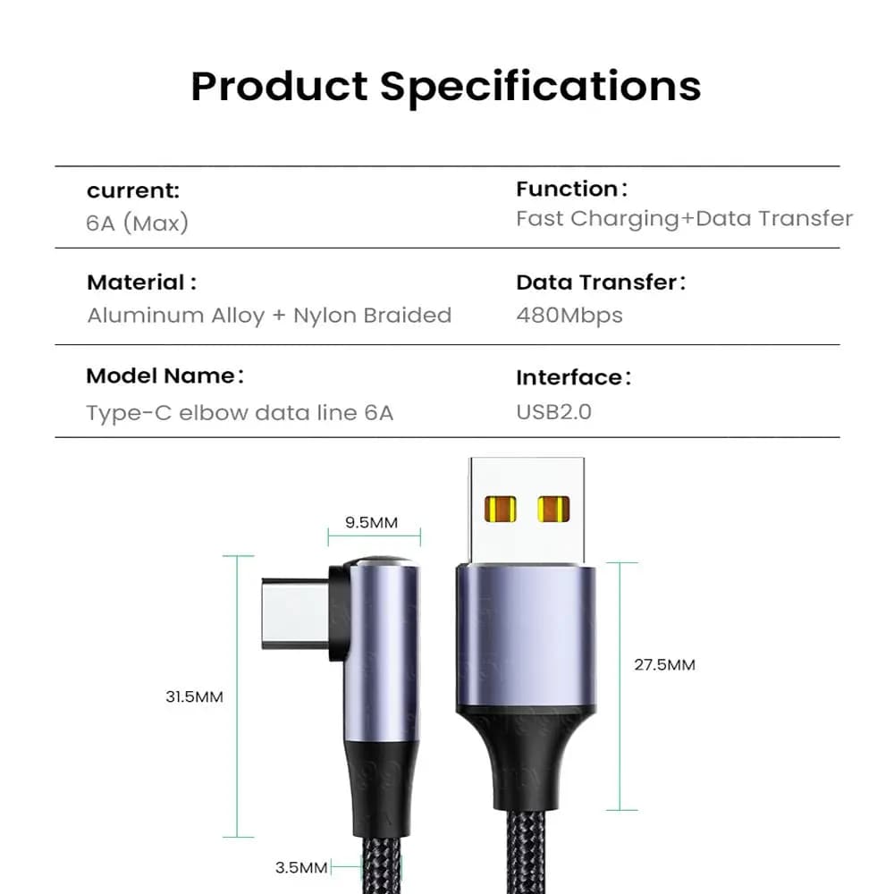 4.0 Right Angle Wire 90 Degree Data Cable 100W PD Fast Charging Line USB A to USB Type C Cable For Laptop Mobile Phone - 3