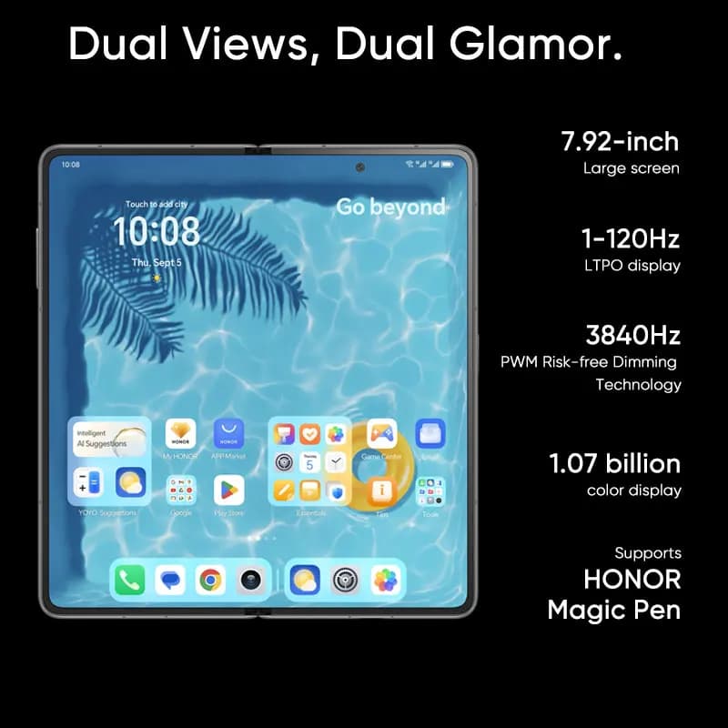الإصدار العالمي Honor Magic V3 5G قابل للطي بشاشة LTPO OLED بمعدل تحديث 120 هرتز مقاس 7.92 بوصة وكاميرات ثلاثية بدقة 50 ميجابكسل ومعالج Snapdragon 8 Gen 3 وبطارية سعة 5150 مللي أمبير في الساعة وشحن سريع 66 واط وNFC - 6
