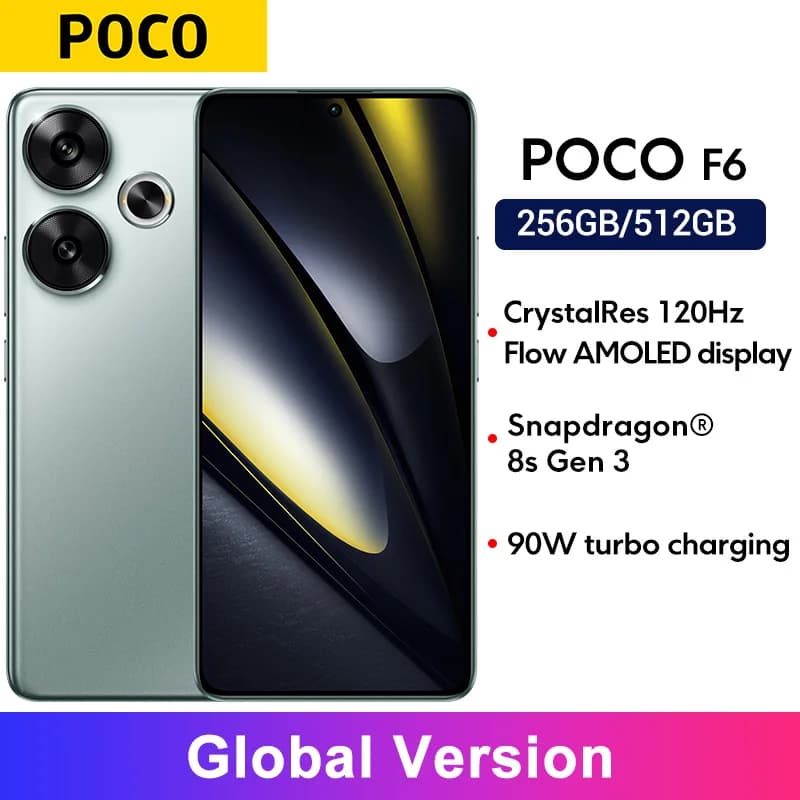 هاتف POCO F6 5G، إصدار عالمي، شاشة Flow AMOLED بمعدل تحديث 120 هرتز، شحن توربو 90 واط، نظام كاميرا 50 ميجابكسل مع OIS، معالج Snapdragon 8s Gen 3