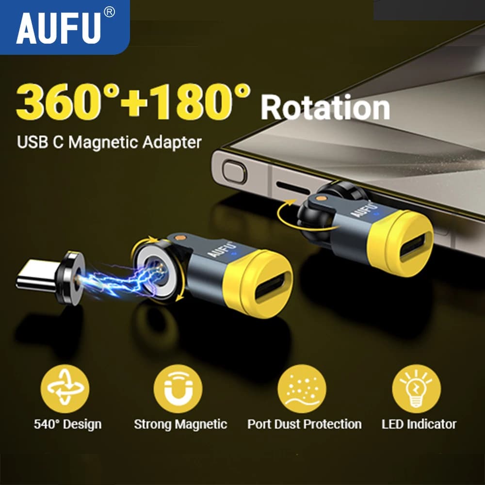 محول مغناطيسي دوار 540 درجة من AUFU - كابل شحن USB إلى Type-C محول USB C أنثى للهواتف المحمولة ايفون