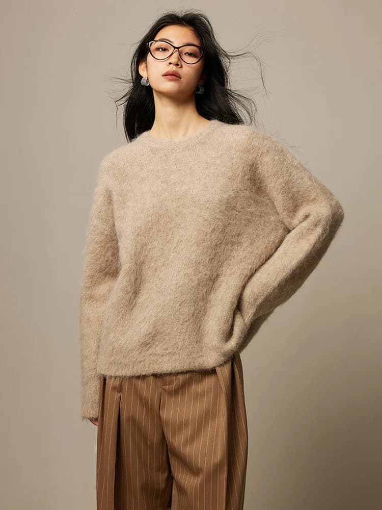 SuyaDream Warm Alpaca Pullovers for Woman, Dropped Sleeved Loose Sweaters, 2025 Fall Winter Top, Camel, Beige - 6
