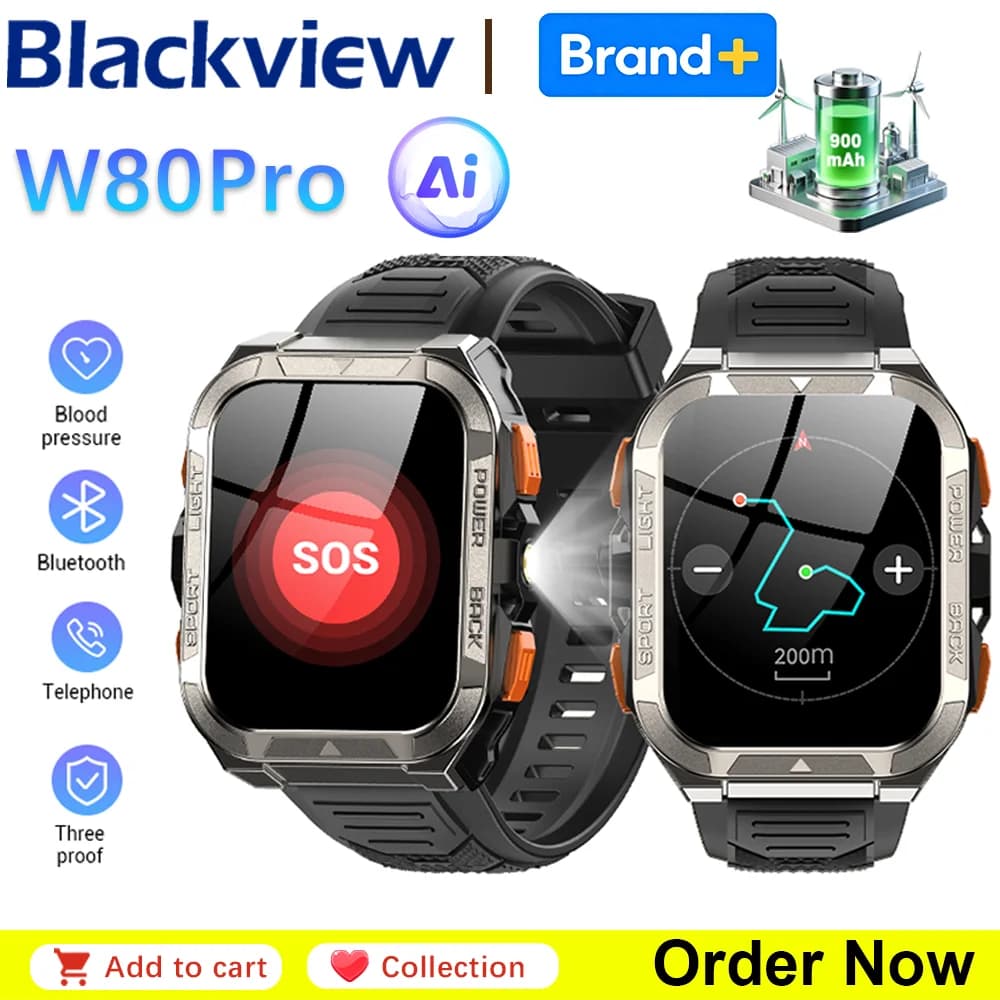 ساعة بلاكفيو W80 برو الذكية للرجال مع تحديد المواقع GPS وشاشة 1.91 بوصة وبطارية 900mAh وكشاف وبوصلة لساعات ذكية متينة خارجية