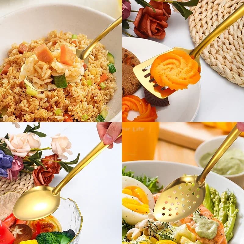 مجموعة أدوات مائدة كورية الطراز من 6 قطع، أطقم مائدة من الفولاذ المقاوم للصدأ، ملاعق ذهبية، أدوات مطبخ إبداعية - 3