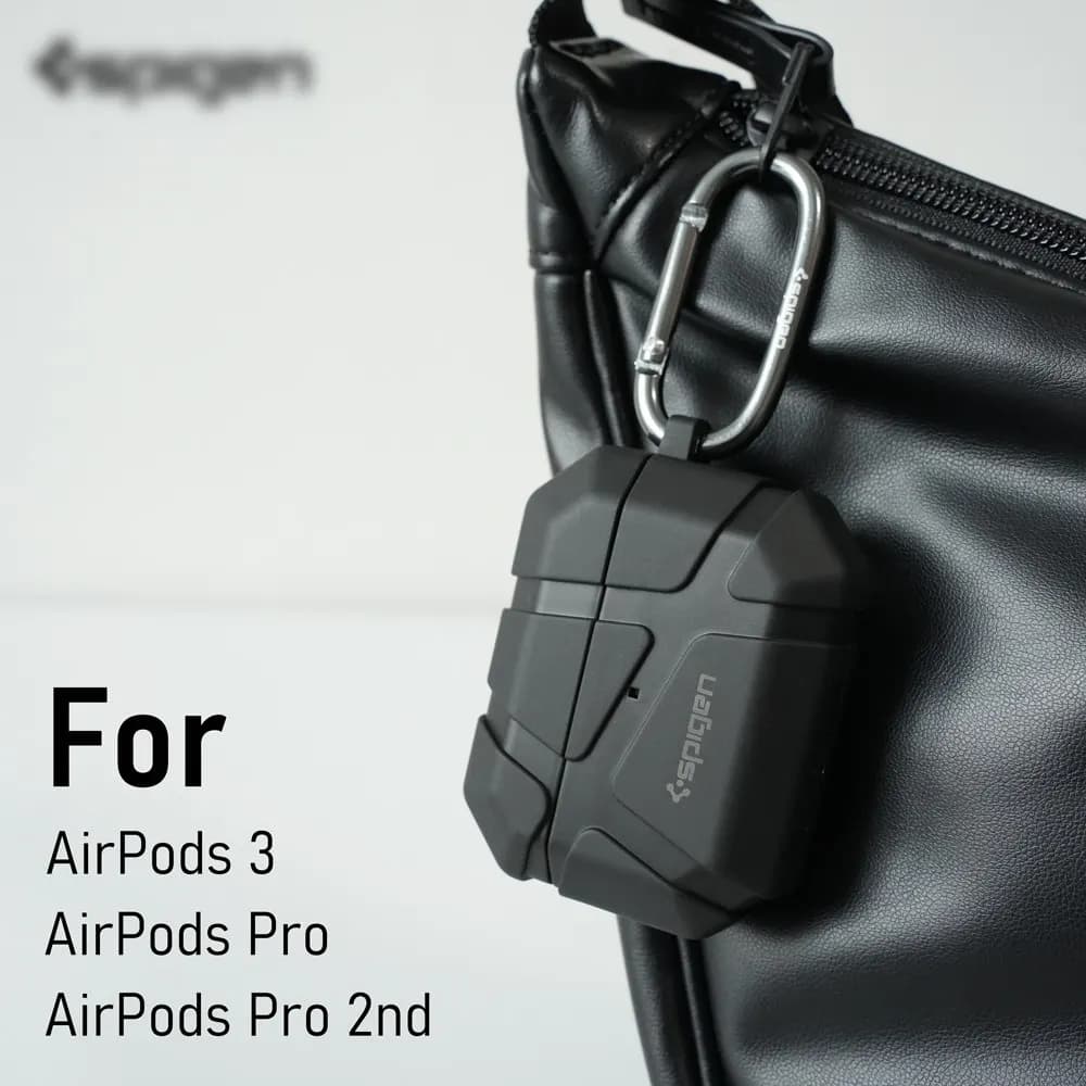 غطاء حماية سماعات سبايجن Rugged Armor لهواتف آيفون AirPods 4/3/2/1 برو 2 بملمس نيزكي، غطاء سماعات مقاوم للسقوط مع سلسلة مفاتيح - 2