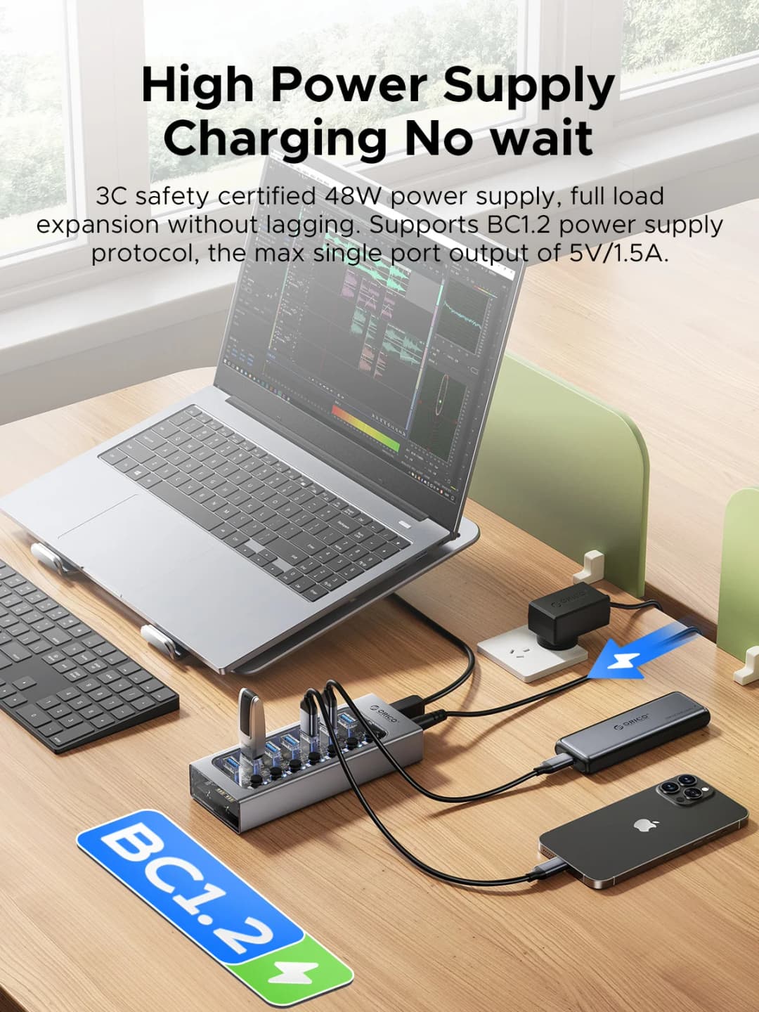 ORICO USB3.0 Hub Aluminum Industrial 7-Port Splitter Split Switch with 12v Power Adapter for Macbook Mobile Phone Tablets - 5