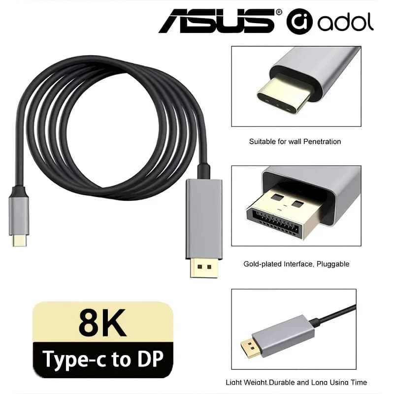 كابل متوافق مع DP من ASUS من USB-C إلى DP بدقة 8K@60Hz من نوع C2.1 إلى عرض 4K بدقة 144Hz من نوع 1.4 كابل Thunderbolt 3 4 لـ MacBook
