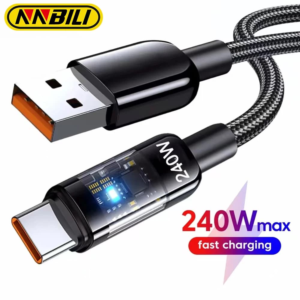 كابل شحن سريع NNBILI 240 واط من نوع USB C، كابل نايلون مضفر شفاف من نوع C، شاحن عالي السرعة لهواتف Samsung وHuawei وMi