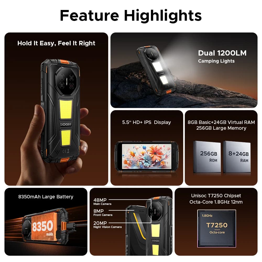 الإصدار العالمي DOOGEE Fire 3 Max هاتف متين 32 جيجابايت + 256 جيجابايت شاشة 5.5 بوصة HD+ إضاءة تخييم 8350 مللي أمبير UNISOC T7250 48 ميجابكسل NFC أندرويد 15 - 2
