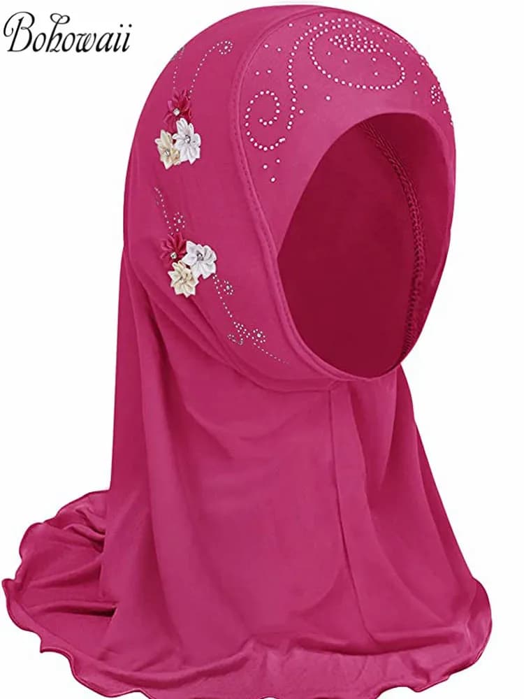 BOHOWAII حجاب أطفال بنات جاهز للارتداء، شالات إسلامية عمامة مع أوشحة زهور جيرسي، غطاء رأس (2-7 سنوات) - 6