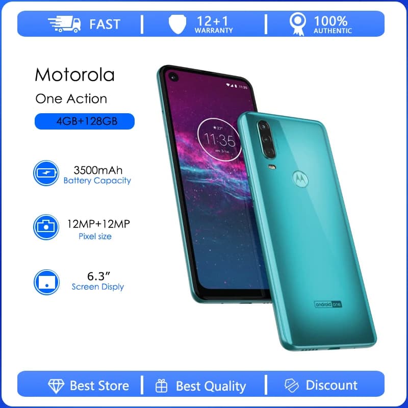 هاتف موتورولا ون أكشن الأصلي المفتوح XT2013 بذاكرة 4 جيجابايت رام و128 جيجابايت روم وكاميرا 12 ميجابكسل وشاشة 6.3 بوصة وبطارية 3500 مللي أمبير في الساعة وأندرويد 9.0