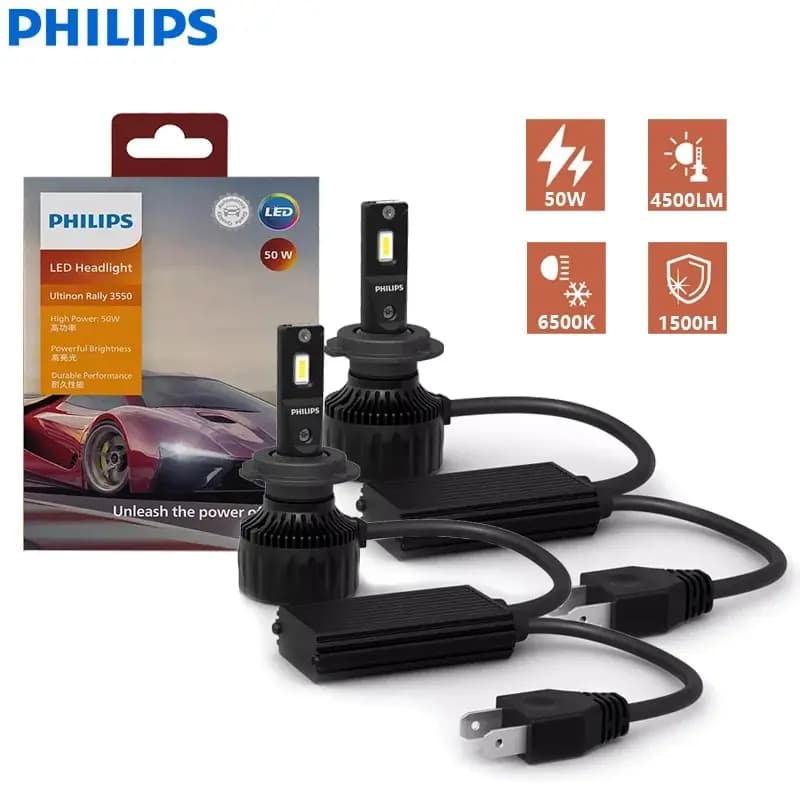 مصابيح أمامية للسيارة Philips Ultinon Rally 3550 LED، أنواع متعددة H4 H7 H11 HB3 HB4 HIR2 9005 9006 9012، طاقة قصوى 100 واط، 9000 لومن، 6500 كلفن، أبيض ساطع