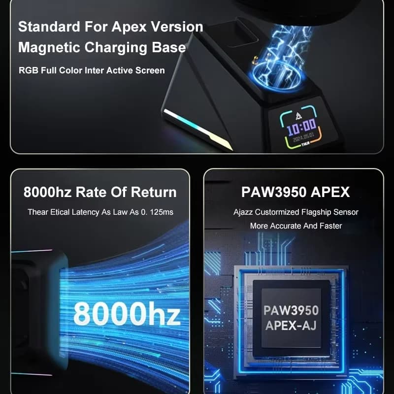 AJAZZ AJ179 APEX PAW3950 30000DPI 8Khz Wireless Gaming Mouse Right Handed Ergonomic Mouse with RGB Magnetic Screen Charging Base - 4