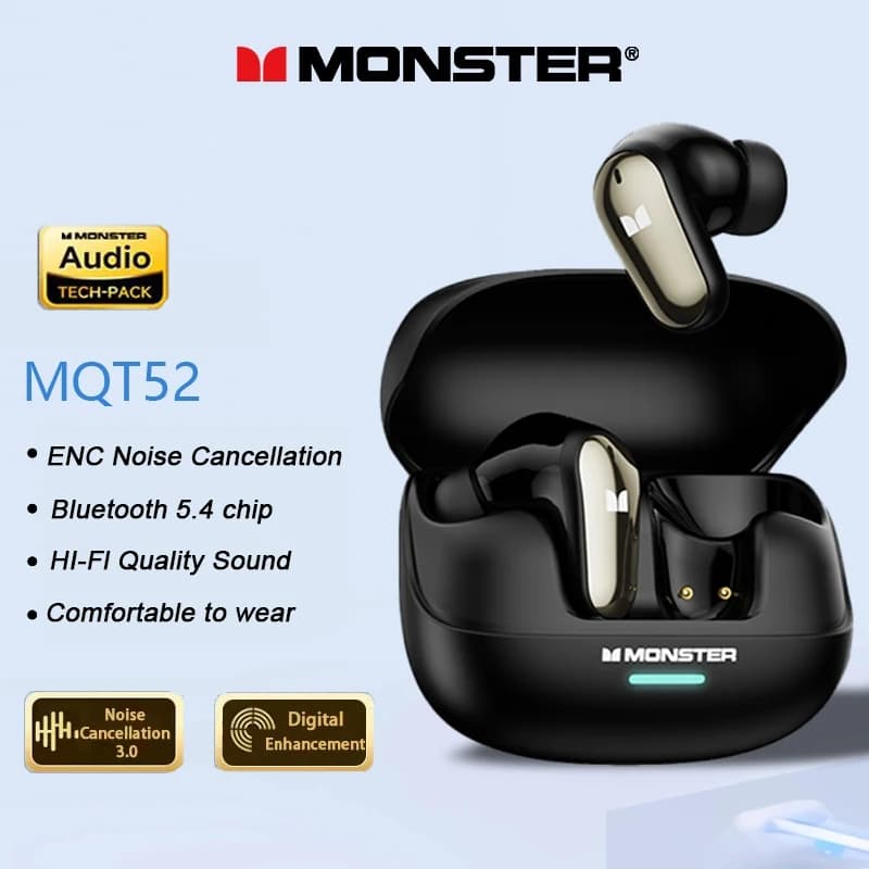 سماعات رأس لاسلكية جديدة Monster MQT52 TWS للألعاب بلوتوث 5.4 سماعات أذن ستيريو HIFI مع ميزة إلغاء الضوضاء