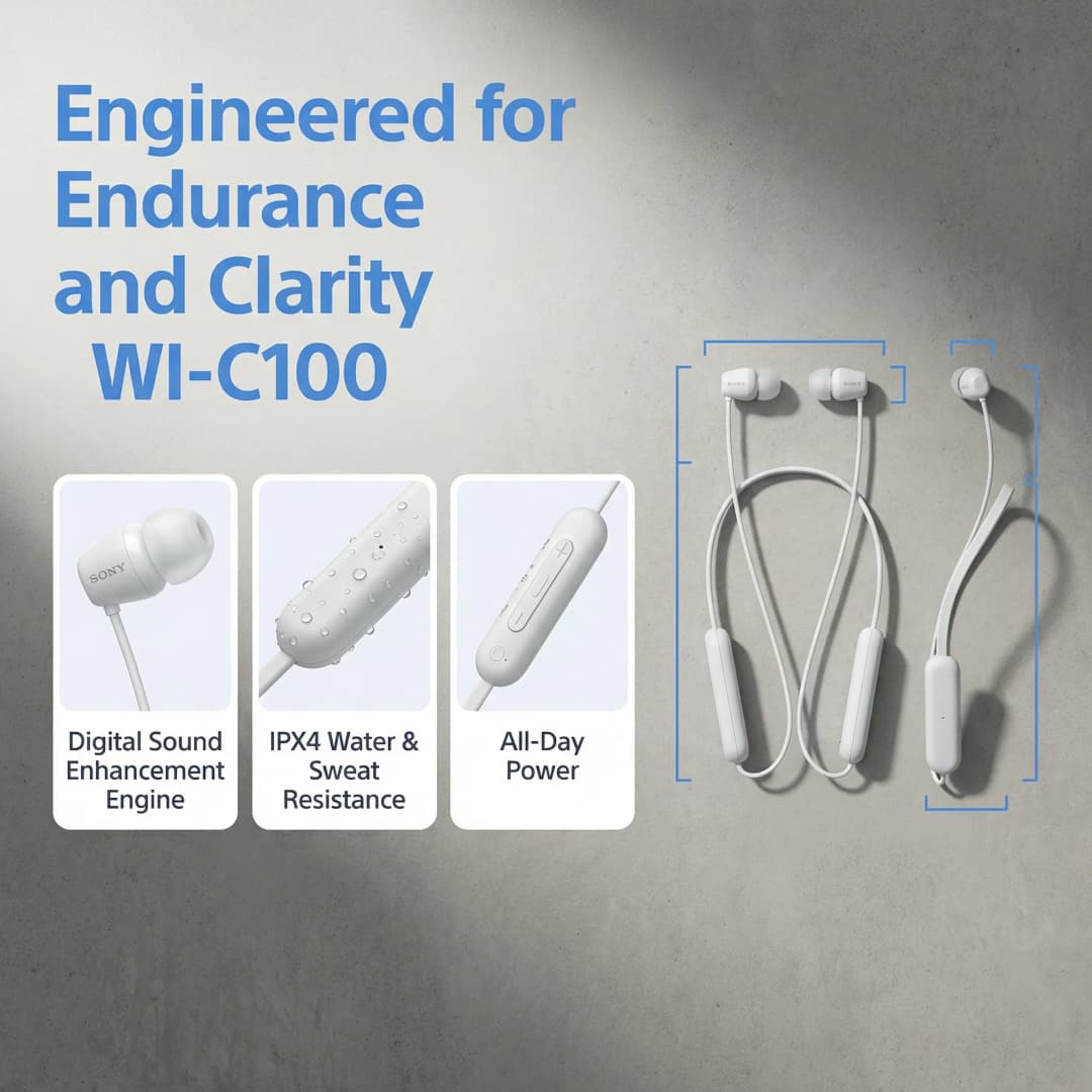 سماعات أذن بلوتوث لاسلكية ستيريو معلقة على الرقبة من SONY WI-C100 مقاومة للماء والعرق IPX4 بطارية تدوم حوالي 25 ساعة - 2