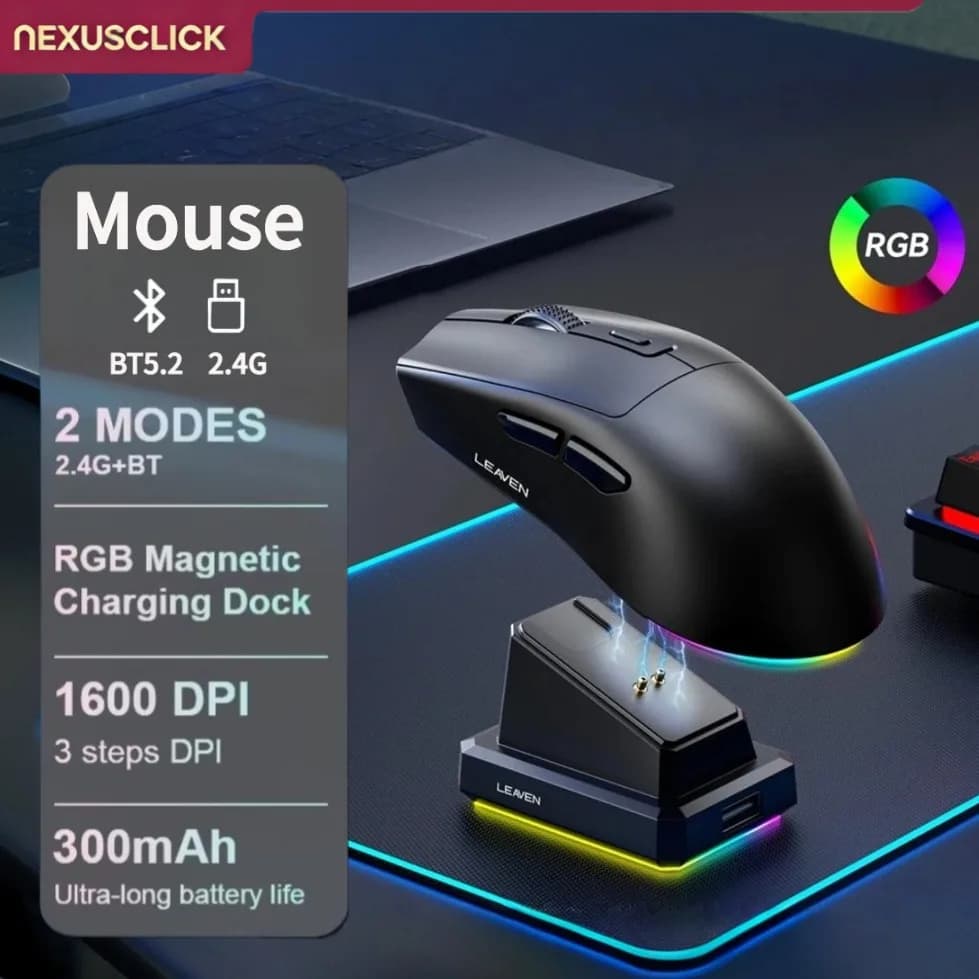ماوس الألعاب اللاسلكي المريح NexusClick، ماوس خفيف الوزن ثنائي الوضع RGB مع قاعدة شحن مغناطيسية وضبط DPI للكمبيوتر المكتبي