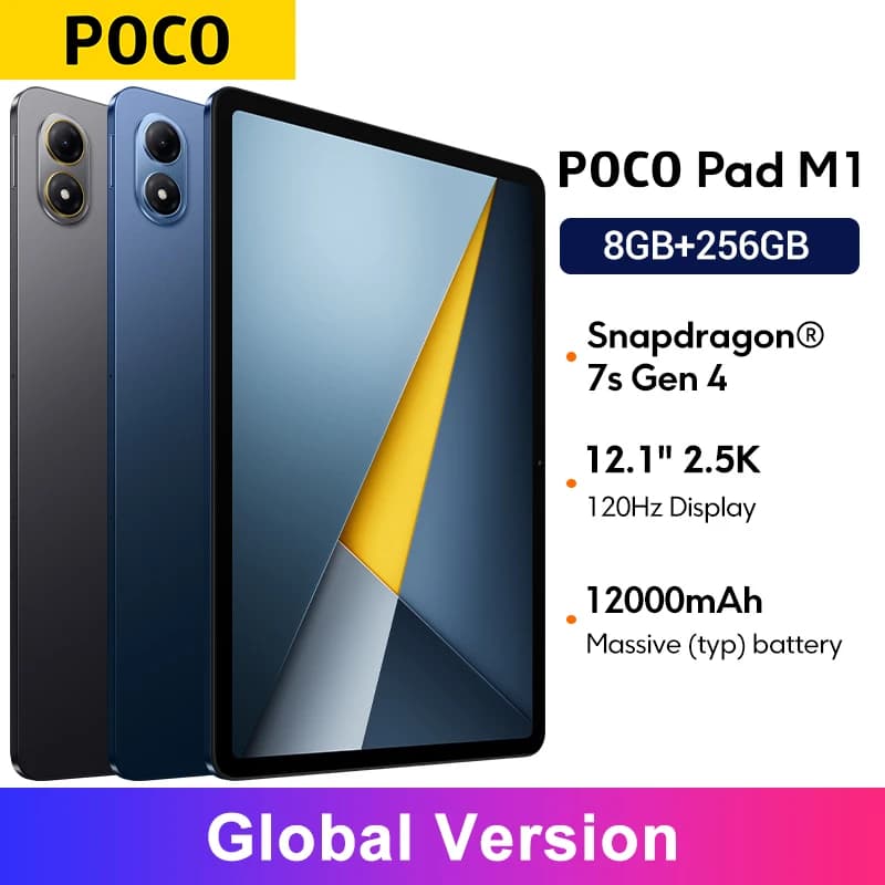 POCO Pad M1 نسخة عالمية معالج Snapdragone 7s Gen 4 كاميرا 8MP شاشة 12.1 بوصة 120Hz 2.5k وضوح بلوري شحن سريع 33W