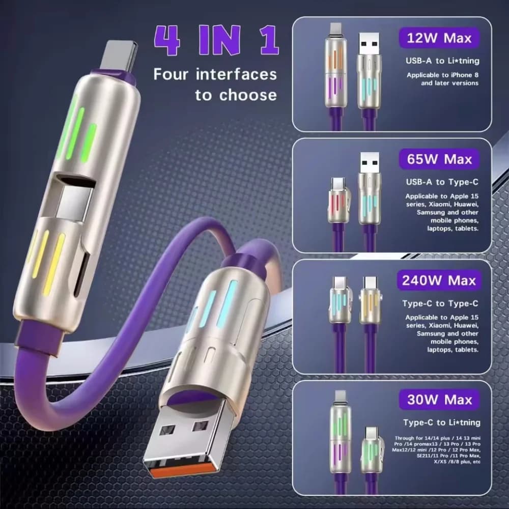 شاحن متعدد المنافذ 4 في 1، كوع دوار، USB إلى Type-C، كابل سيليكون، شحن سريع 240 واط، نقل البيانات - 6