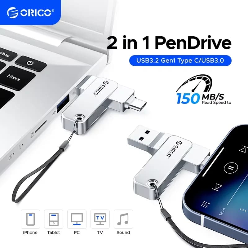 ذاكرة فلاش ORICO 128 جيجابايت USB C ثنائية المنفذ USB 3.2 Type C + USB A محمولة 2 في 1