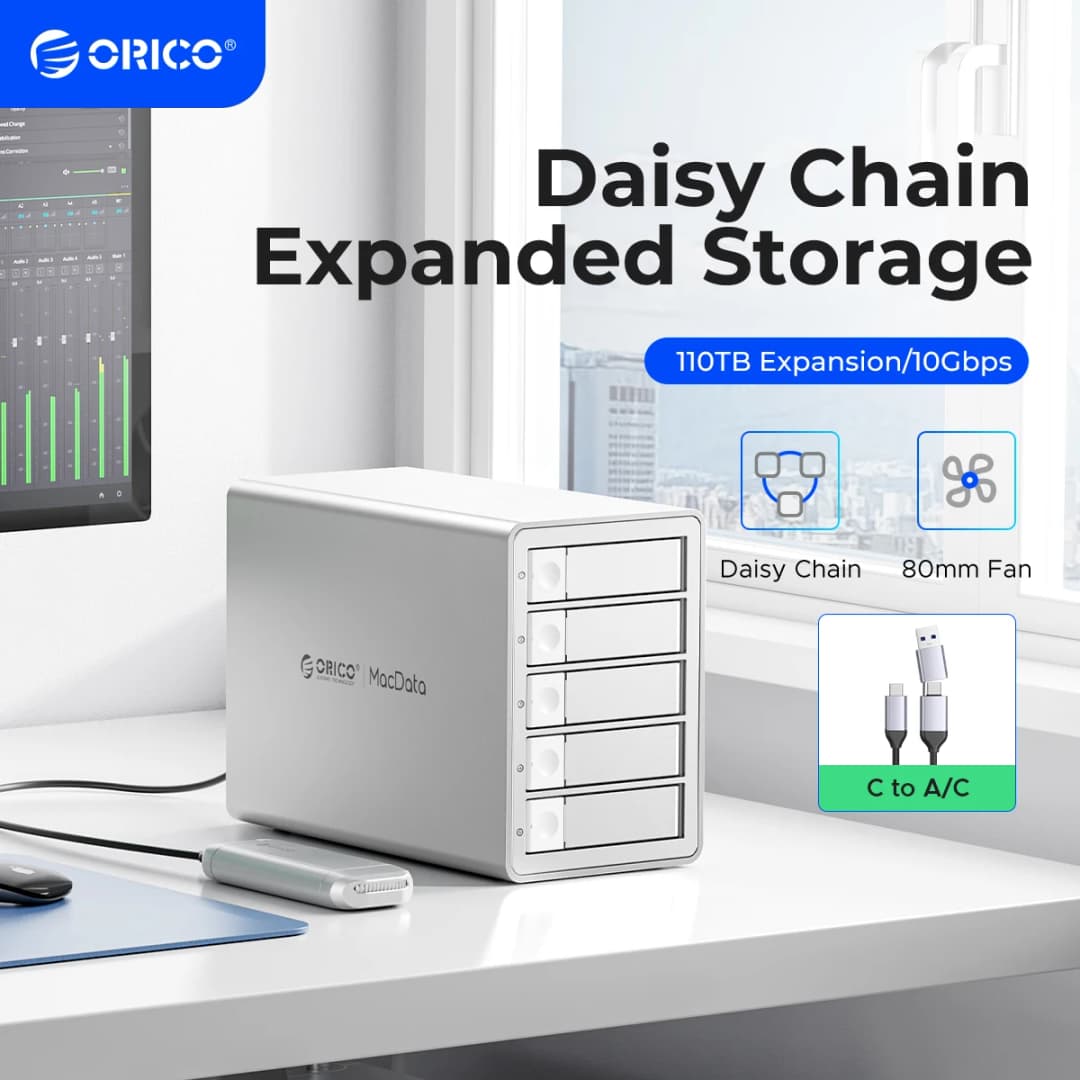 محطة إرساء ORICO-Daisy Chain Type-C بسرعة 10 جيجابت/ثانية، دعم RAID، طاقة 150 واط لأجهزة Apple، سلسلة Studio 5Bay DAS 3.5 بوصة