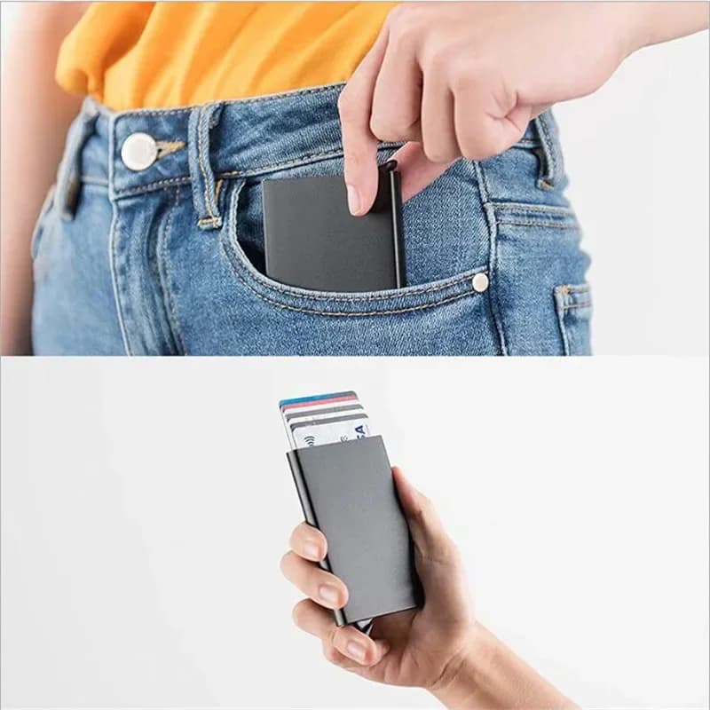 محفظة ذكية مع حماية RFID، حامل بطاقات معدني رقيق، محفظة صغيرة سوداء للرجال والنساء - 3