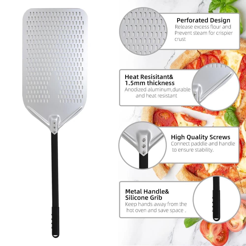 10 12 13 14 Inch Big Pizza Perforated Shovel Paddle Short/Long Handle for Oven Turning Peel Kitchen Utensils Pizza Baking Tools - 4