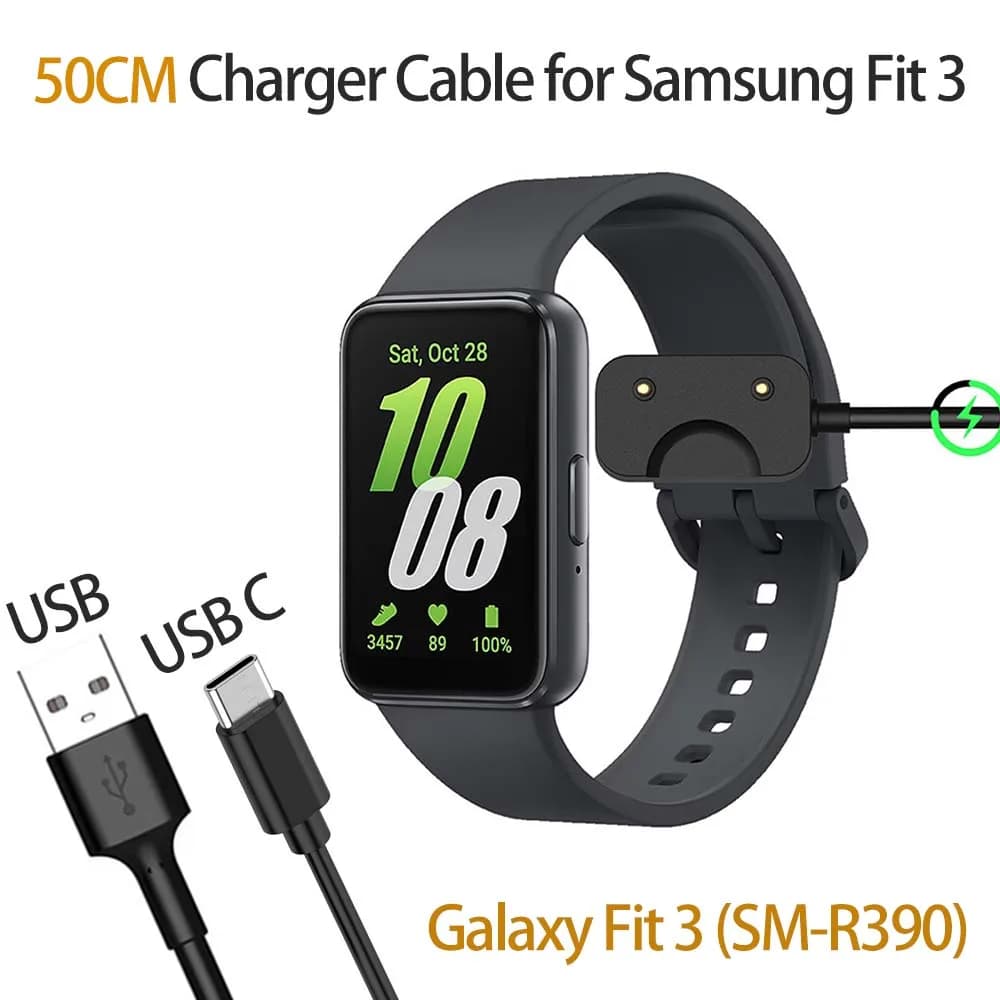 كابل شحن مغناطيسي بطول 50 سم لساعة سامسونج جالاكسي فيت 3، متوافق مع USB وUSB-C