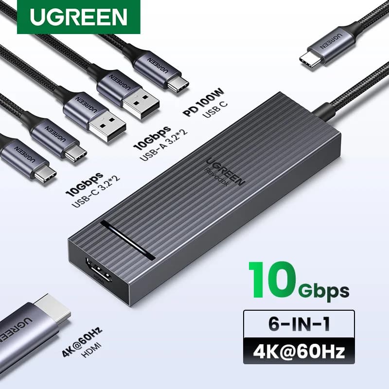 موزع UGREEN USB C بسرعة 10 جيجابت/ثانية، يدعم 4K60Hz عبر HDMI، USB3.2، PD100W، مناسب لأجهزة اللابتوب ماك بوك برو إير آيباد الهواتف ومحطات الإرساء أندرويد