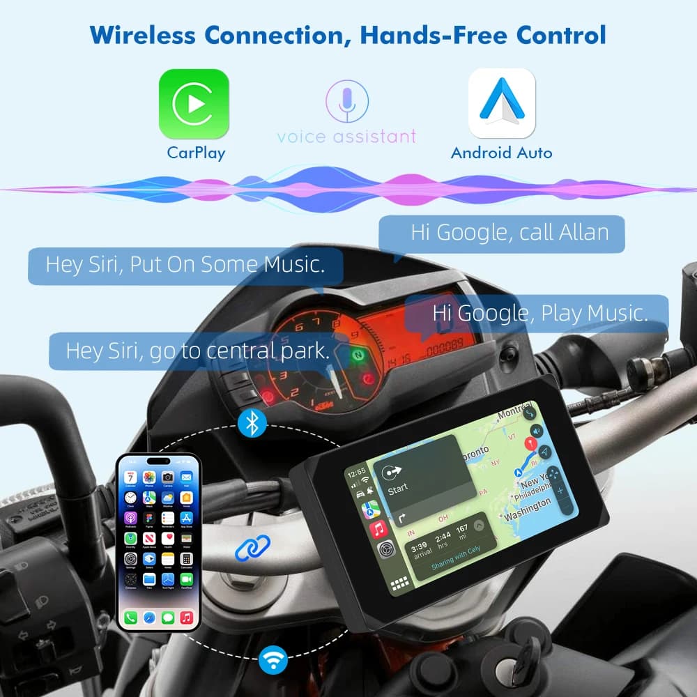 VSYS Carplay Android Auto Motorcycle Dash Cam 5.0'' Touchscreen with Dual 1080P Waterproof Cameras TPMS Parking Mode WiFi App - 2