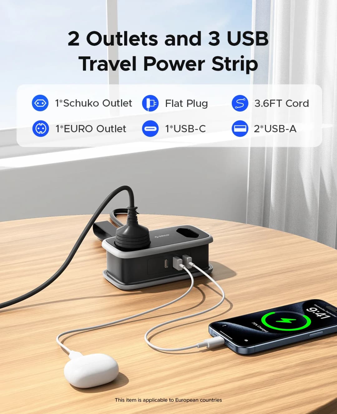 شريط طاقة ORICO مع قابس EU مزود بمنفذين AC و3 منافذ USB وكابل تمديد 1.1 متر، مقبس ذكي للشحن 5 في 1 للمنزل/السفر يوفر المساحة - 2