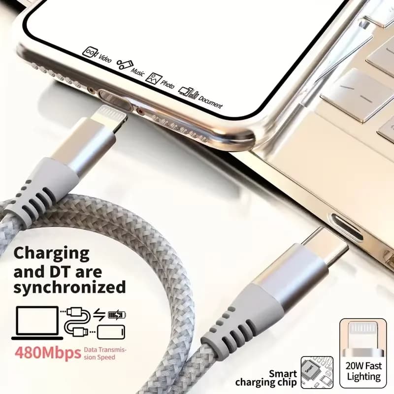 1 قطعة 2 قطعة كابل بيانات شحن سريع Type C إلى Lightning معتمد MFI 20 واط كابل نايلون مضفر لـ iPhone14 14Pro 14Plus 13 12 11 X - 5