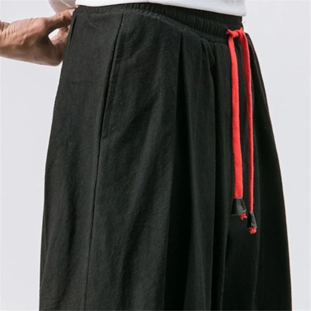 Men's Cotton Linen Wide Leg Pants Casual Loose Fit Solid Color Breathable Lightweight Elastic Waist Male Baggy Long Pants - 4