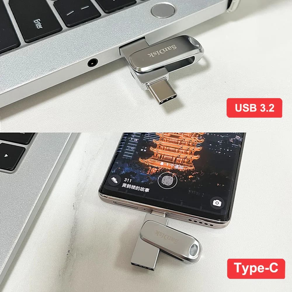 SanDisk Ultra Dual Drive Luxe USB Type-C 64 جيجابايت 128 جيجابايت 256 جيجابايت 512 جيجابايت 1 تيرابايت USB 3.2 معدن 2 في 1 Type C OTG فلاش درايف Type-A قلم ذاكرة - 3