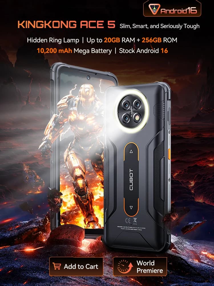 هاتف ذكي متين بنظام أندرويد 16، Cubot KingKong ACE 5، ذاكرة وصول عشوائي 20 جيجابايت (8+12 جيجابايت)، ذاكرة داخلية 256 جيجابايت، بطارية 10200 مللي أمبير، شاشة 6.745 بوصة بمعدل تحديث 120 هرتز، كاميرا 48 ميجابكسل، NFC