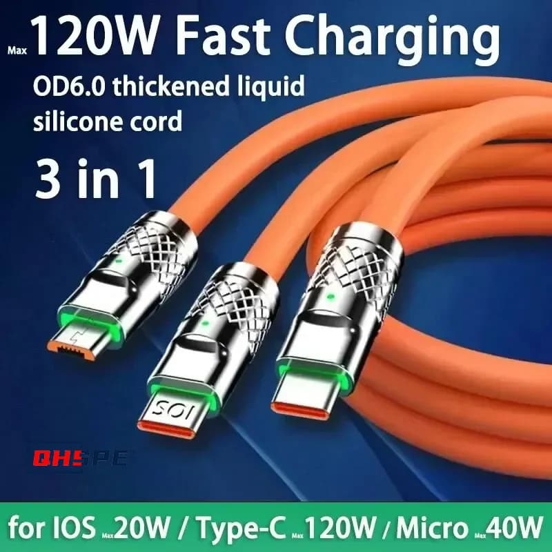 120 واط 6A شحن سريع C نوع كابل Micro3 في 1 مايكرو USB آيفون كابل شحن سامسونج هواوي Xiaomi شاحن الهاتف كابل يو اس بي