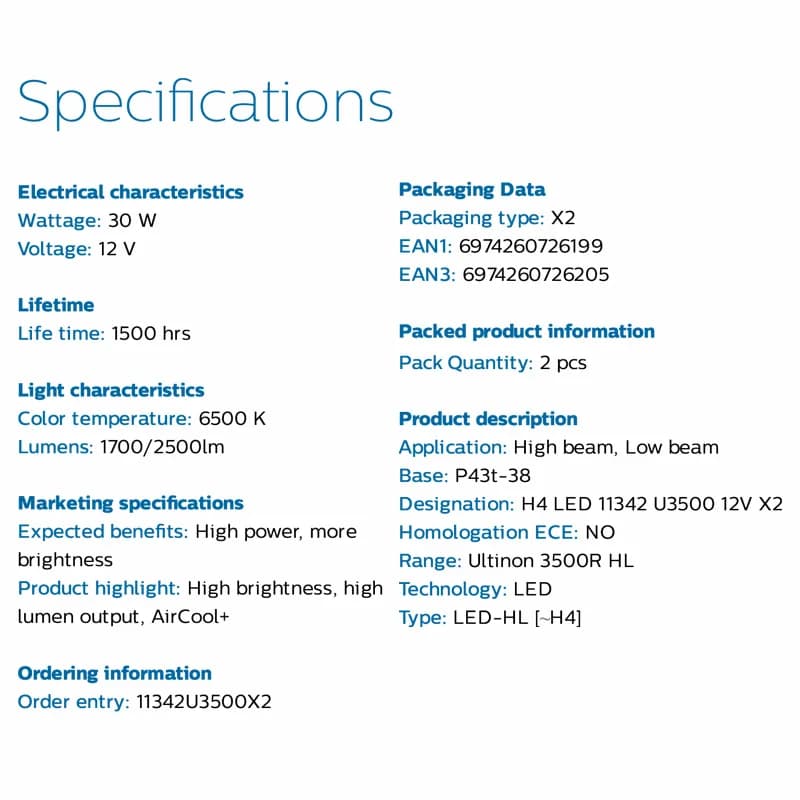 مصابيح أمامية للسيارات Philips LED H4 9003 Ultinon 3500R طاقة عالية 30 واط 2500 لومن لون أبيض 6500K مصابيح LED عالية اللومن P43t LUM11342U3500X2 - 3