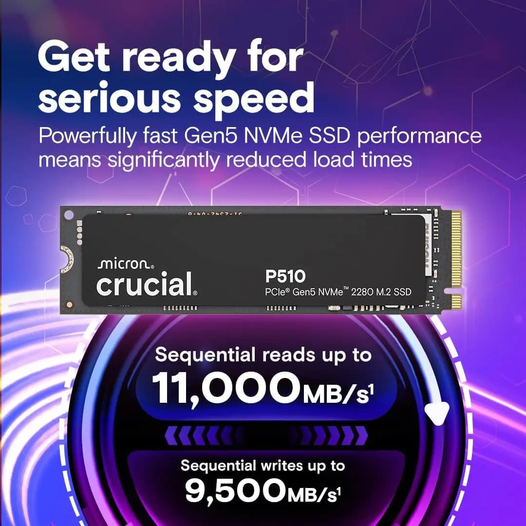 قرص صلب داخلي Crucial P510 1TB SSD NVMe PCIe Gen5 x4 M.2 2280 بسرعة تصل إلى 11,000MB/s لأجهزة الكمبيوتر المحمولة والمكتبية في العلبة الأصلية - 2