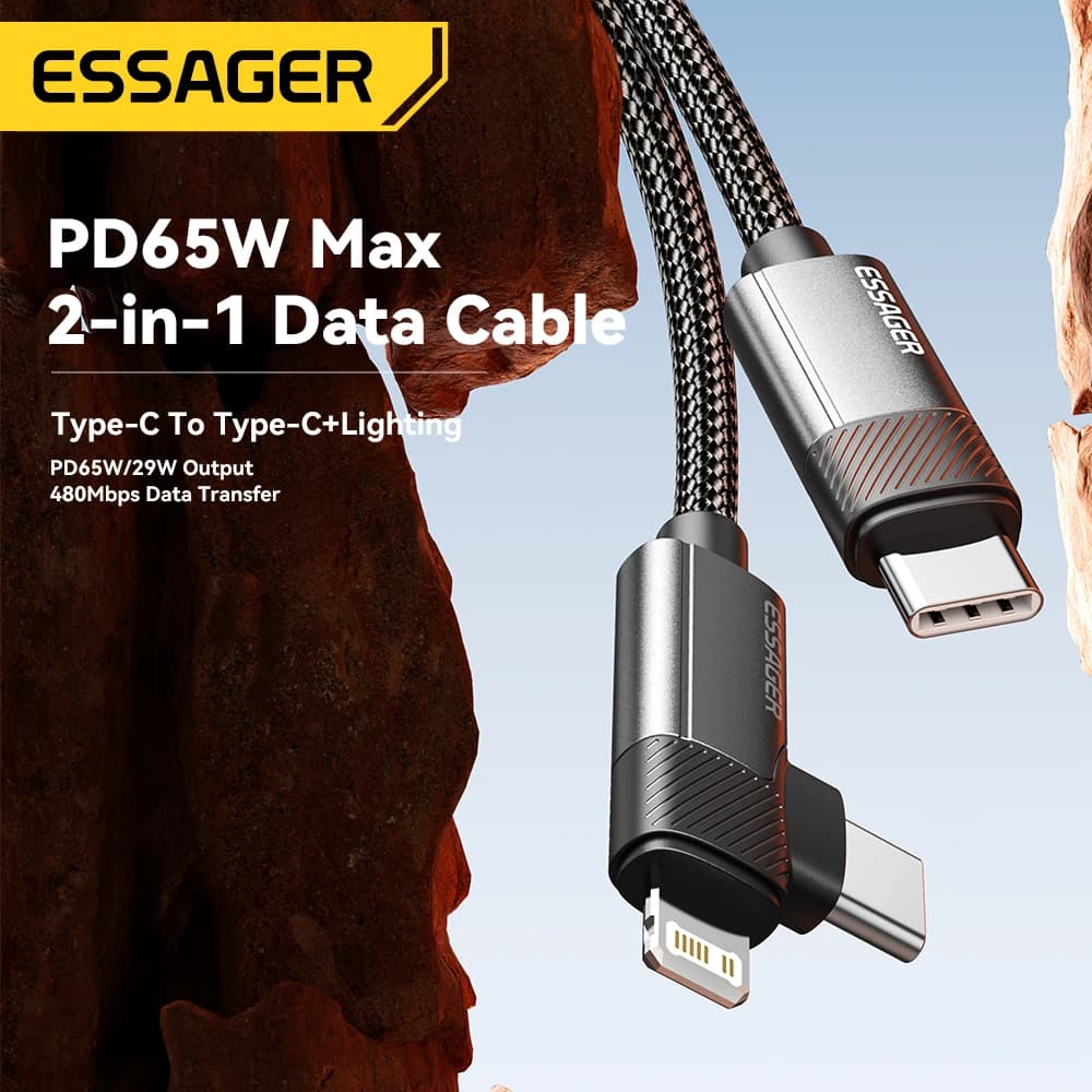 Essager 2-in-1 Right Angle Cable PD 65W 29W Fast Charging Elbow Data Cable For iPhone 15 14 13 MacBook Lenovo Asus Dell iPad Pro - 2