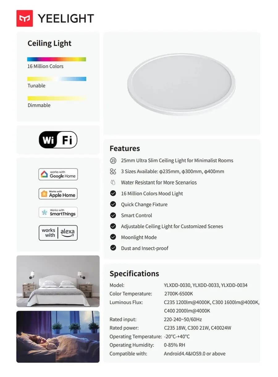 الإصدار العالمي Yeelight Smart Ceiling Light RGB مع اتصال Wifi وقوة 18 واط/21 واط وقابلية التعتيم ودرجة حرارة لون 2700-6500K وتحكم صوتي ذكي يعمل مع Mihome - 6