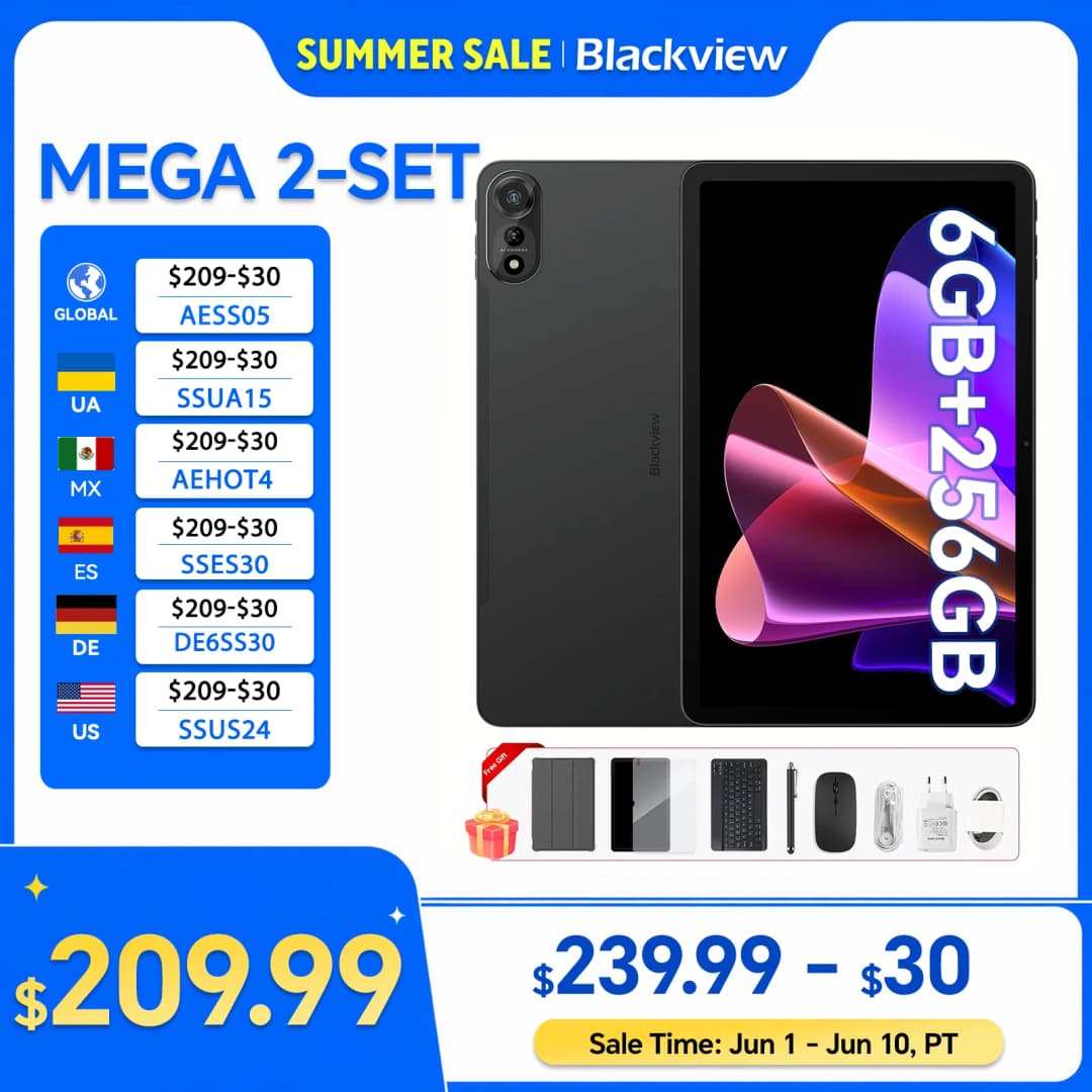 مجموعة جهاز لوحي Blackview MEGA 2 مع لوحة مفاتيح وفأرة وقلم، شاشة 12 بوصة بدقة 2K ذاكرة وصول عشوائي 12GB+24GB ذاكرة قراءة فقط 256GB نظام أندرويد 15 بطارية 9000mAh