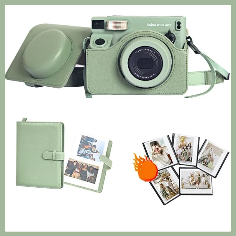 حقيبة كاميرا Fujifilm Instax wide 400 + ألبوم واسع 80 نمط ليتشي أخضر + حقيبة صور مغناطيسية من الجلد الصناعي الناعم المضاد للسيليكون
